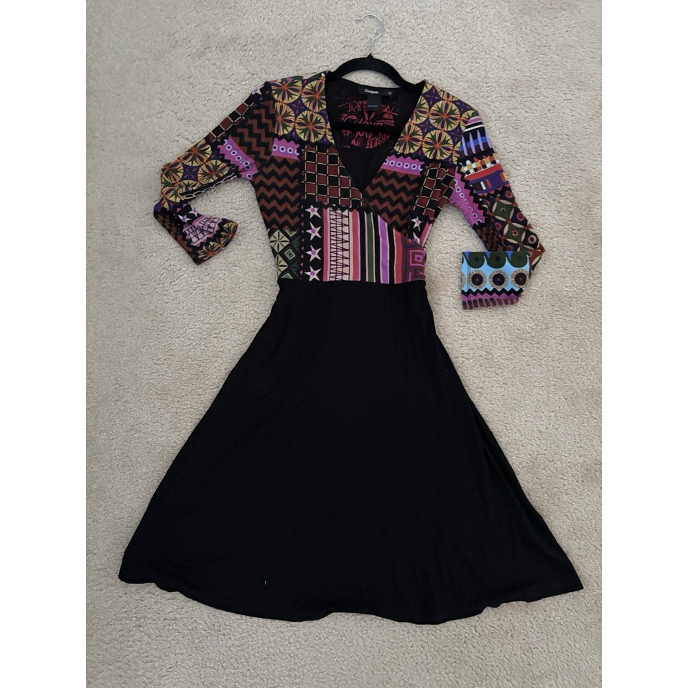 Desigual Colour Me Jill A Line Flared Dress Faux Wrap Multicolor size XSmall